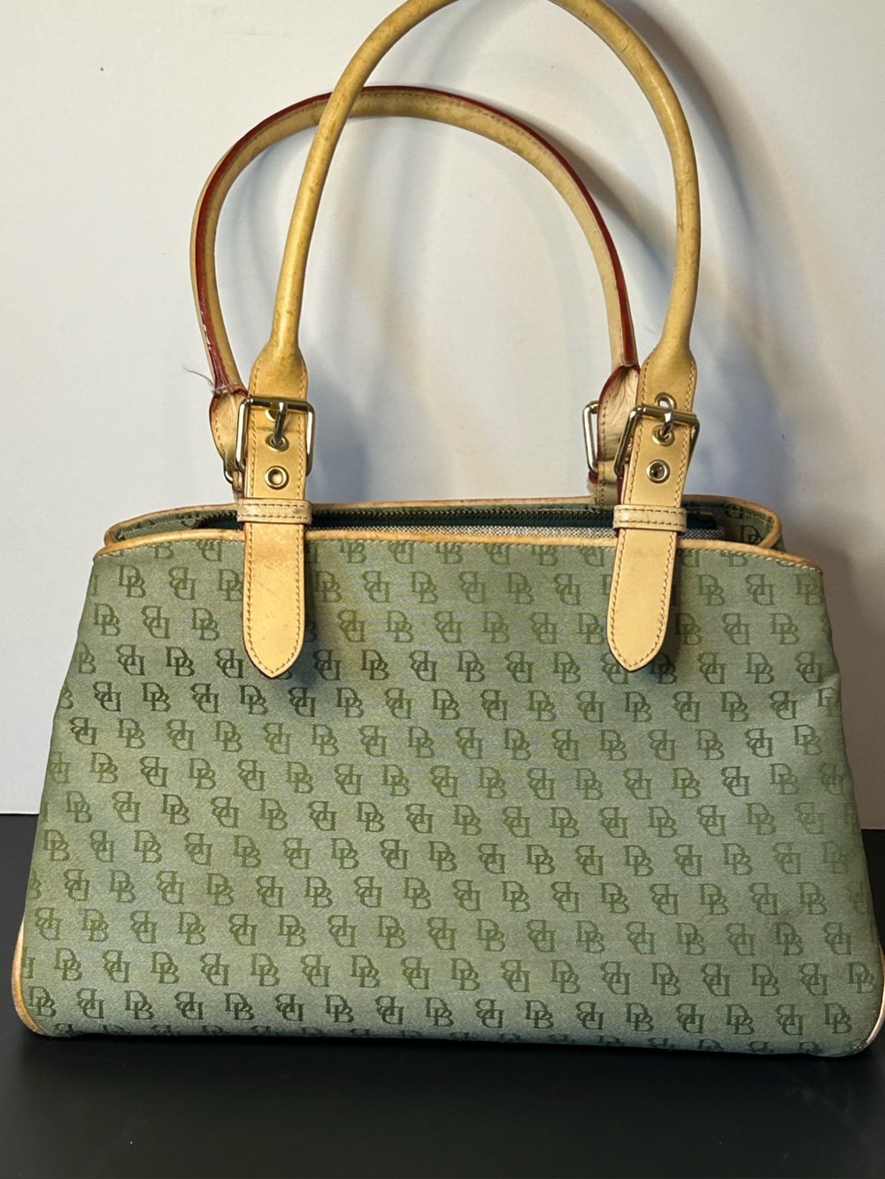 Green Monogram Tote Handbag with Tan Leather Trims